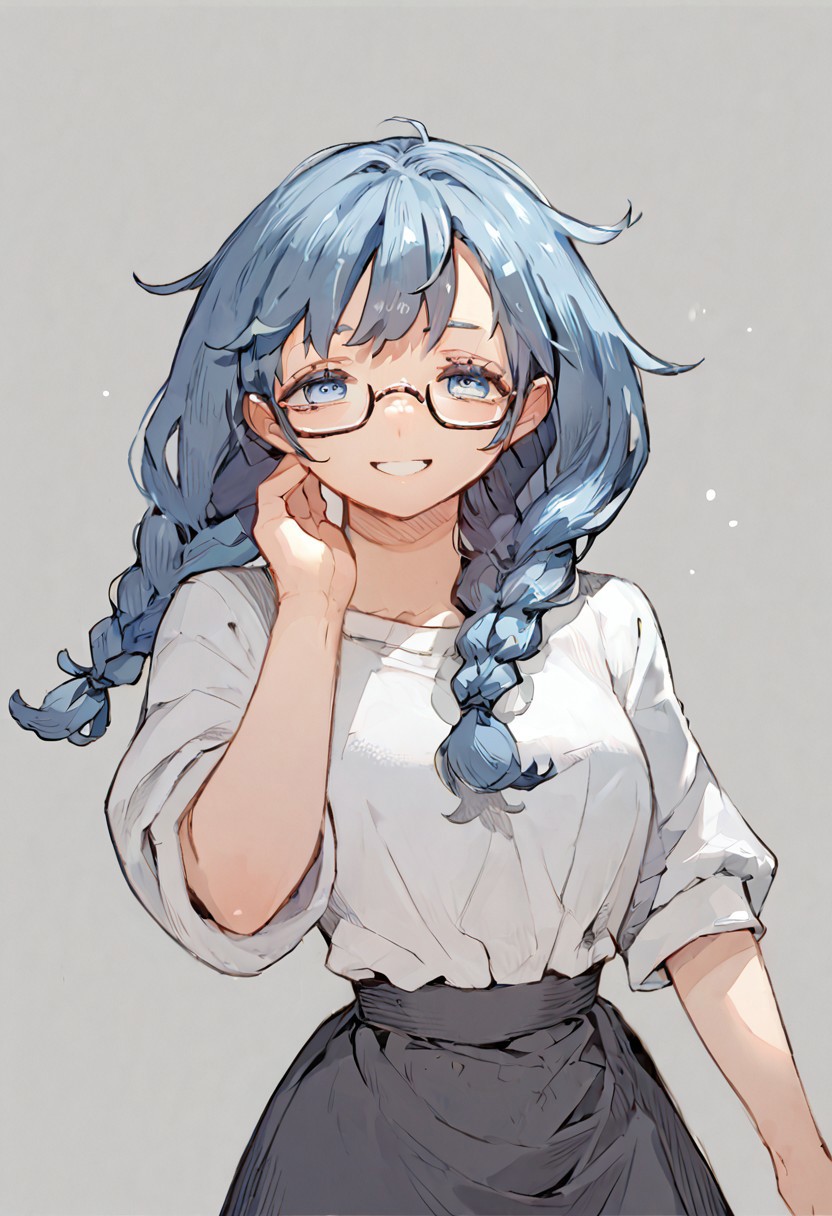 score_9, score_8, score_7, 1girl, solo, long hair, blue eyes, blue hair, twin braids, white shirt, black skirt, smile, glasses,
