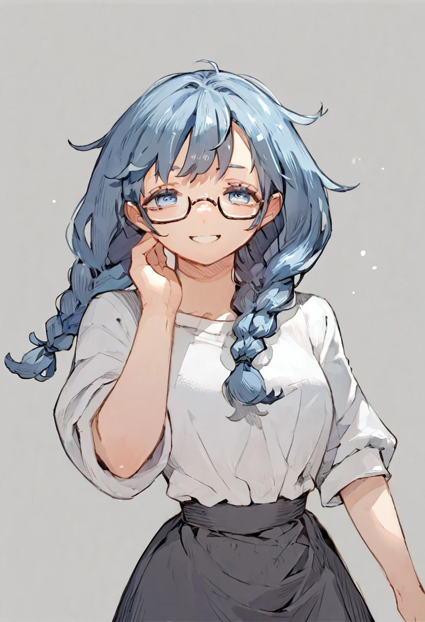 score_9, score_8, score_7, 1girl, solo, long hair, blue eyes, blue hair, twin braids, white shirt, black skirt, smile, glasses,
