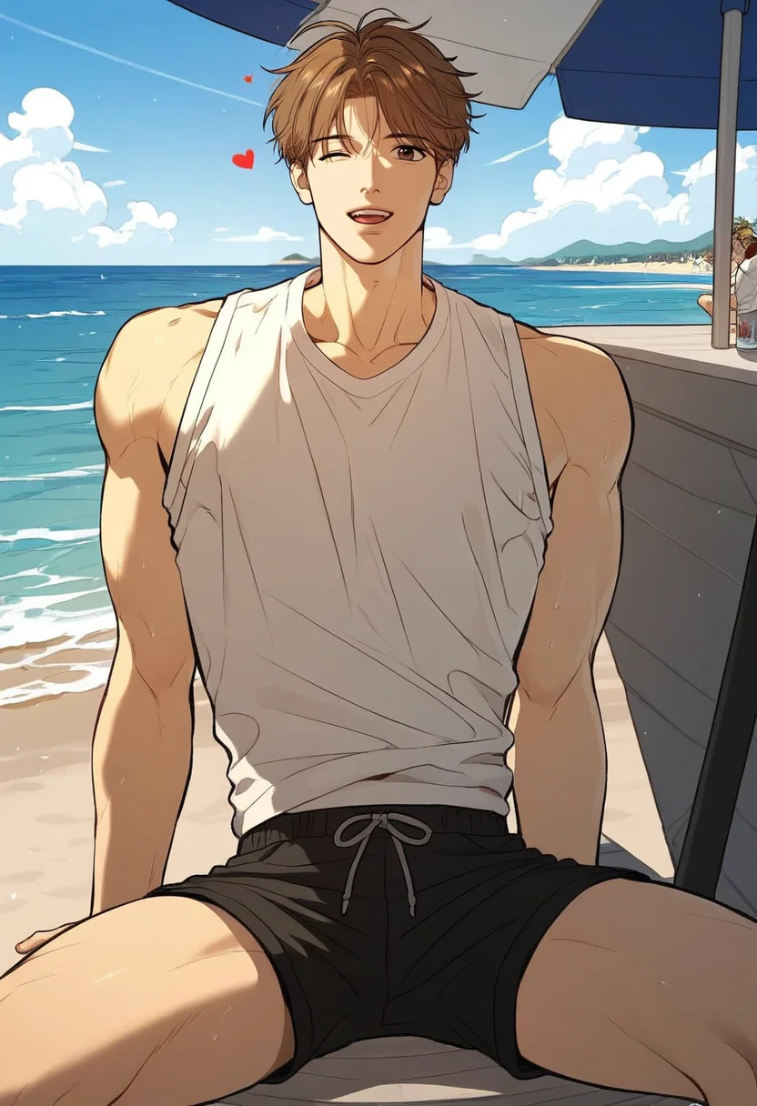 score_9,score_8_up,score_7_up,1boy,solo,male focus,yaoi,bara,male focus,fairly nsfw,uncersored,highres,best quality,amazing quality,best aesthetic,absurdres,<lora:add-detail-xl:1>,sleeveless_shirt,white shirt,looking at viewer,wink,one eye closed,beach,sitting,leaning back,cowboy shot,wink,<lora:Expressive_H:1>,Expressiveh,<lora:Dan:0.7>,dan,brown hair,brown eyes,