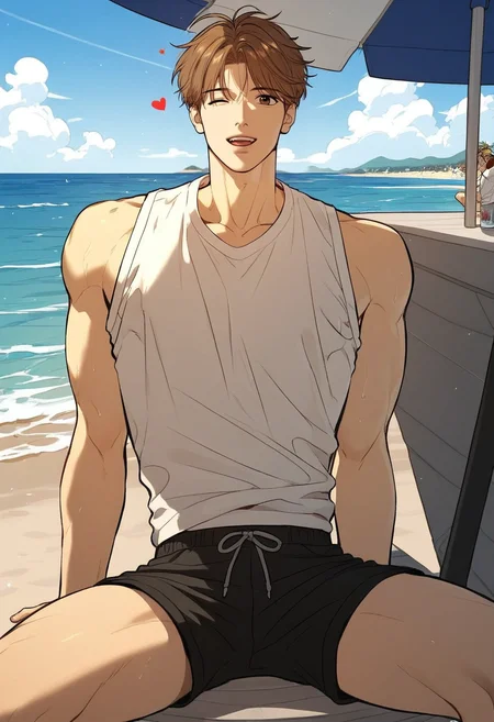 score_9,score_8_up,score_7_up,1boy,solo,male focus,yaoi,bara,male focus,fairly nsfw,uncersored,highres,best quality,amazing quality,best aesthetic,absurdres,<lora:add-detail-xl:1>,sleeveless_shirt,white shirt,looking at viewer,wink,one eye closed,beach,sitting,leaning back,cowboy shot,wink,<lora:Expressive_H:1>,Expressiveh,<lora:Dan:0.7>,dan,brown hair,brown eyes,