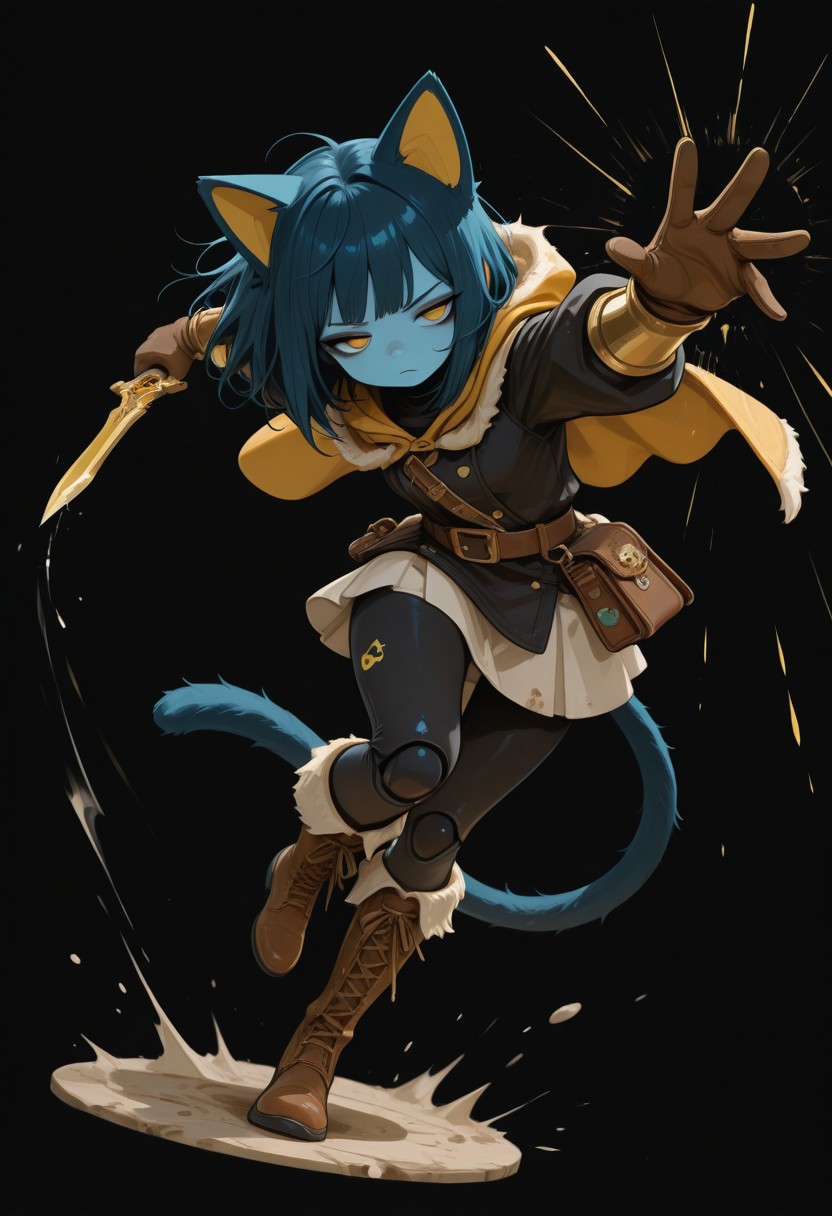 Masterpiece, best quality,amazing quality,very aesthetic, high resolution, dynamic pose,solo, black background, blank background, full body, high detail, Smooth, detailed, masterpiece, masterwork, super cute style, Masterpiece, best quality,amazing quality,very aesthetic, high resolution, Masterpiece, best quality, amazing quality, very aesthetic, high resolution, dynamic pose, solo, black background, simple background, white outline, sticker_style, gold details, c0t0n0_illu, u3nomigi_illu, abstract, abstract shapes, halftone,  blue cat ears, blue cat tail, (blue skin: 1.4), colored skin, yellow eyes, cat pupils, dark blue hair, medium hair, bobcut, doll joints, bored, jitome, black eyeshadow, flat breasts, medium hips, short, dark blue ears, dark blue tail, gold inner ear, gold details, thief cloak, fur trim, long sleeve tunic, belt, purse, black leggings, boots, long gloves, long boots, skirt, dirty clothes, dark clothing, brown and black clothes, thick clothes, bracers, rogue, thief, hood down, thick gloves, gold forearm bracers, holding dagger,dirk dagger, attack,dagger, holding dagger, attack, lunge,EminemThrowingMeme,motion lines, motion blur,throwing,(throwing object:1.2), fullcolor, blurred lineart,(((wagashi))), messy hair,((dagashiya)),iwako,Chillof Vorn'thar, Crystal Blade, crystal dagger background,Cartoon style, fullcolor, blurred lineart, no background, , S4bit4mago_illu