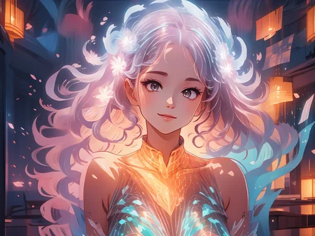 (masterpiece:1.4), high quality, high definition, sharp focus, detailed face, anime, best quality, 4k, 8k, absurd resolution, intricate detail, detailed hands, detailed eyes, animation, illustration, highly detailed, highres, extremely detailed, <lora:ETO_OCC002:0.7> ETO_OCC, black hair, curly hair,longhair, thick eyebrows, <lora:hyperdenoiser_v090:0.6>, (looking at viewer:1.4), (plump:1.2), (hazel eyes:1.3), (curly hair), (big breasts), <lora:mesugaki-10:0.7>, smile, smug, lora:perfetfingers:1>, pureerosface_v1, prettify, OverallDetail, Illust-InstaFilter, hotify, edgQuality, Earth-QualityPos, BodyPositive, Best_QualityPos, <lora:AppleCheek:1> applecheek, 1girl, solo, hair ornament, dress, flower hair ornament, jewelry, short dress, see-through, hair flower, <lora:绪å¿-æ¢¦å¹»åºæ¯ dream like:0.8> dream like, energy sparks, iridiscent glitter, stardust, light particles, floating petals glowing, <lora:bio-luminescent flora_LyCORIS:0.8> bio-luminescent flora <lora:luminous body:1> <lora:bioluminescent_dress-1.0:1> bioluminescent dress <lora:luminous_hair_silver:1> luminous hair, twinkling stars, (gentle smile:1.5)