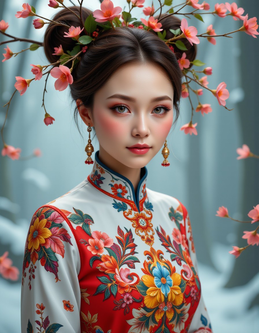 artistic Octane render, majestic, (midjourney_whisper, a hyper-realistic portrait of a stunning supermodel, featuring a beautifully detailed face with captivating eyes and a serene expression. the image showcases her natural beauty without any face makeup, focusing on her flawless skin and delicate features. the composition blends modern and traditional elements with a neo mode, avant-garde style, characterized by elegant lines, vibrant colors, and exquisite details. her hair is styled in an intricate and unique fashion, adding to her ethereal and timeless aura. the lighting enhances her features, creating a soft interplay of light and shadow, while the high-resolution quality captures every detail with photorealistic clarity.her head is beautifully adorned with flowers and plant leaves intricately arranged in a modern and contemporary cool color scheme, serving as a traditional hair accessory. additionally, vibrant sequins around her eyes make her cute face even more captivating. the patterns on her cheongsam (qipao) embody the essence of ancient asian traditional art, midjourney_whisper, <lora:midjourney_whisper_flux_lora_v01:1>:1.3) , crowded garden and jungle, Winter, equirectangular 360, Tintage, film camera, pov, Peach and deep yellow hue, (art by David Fincher:1.0) , (Hiroshi Teshigahara:0.7) , (Asghar Farhadi:1.1) , intricate details, alien, elaborate, flat chest