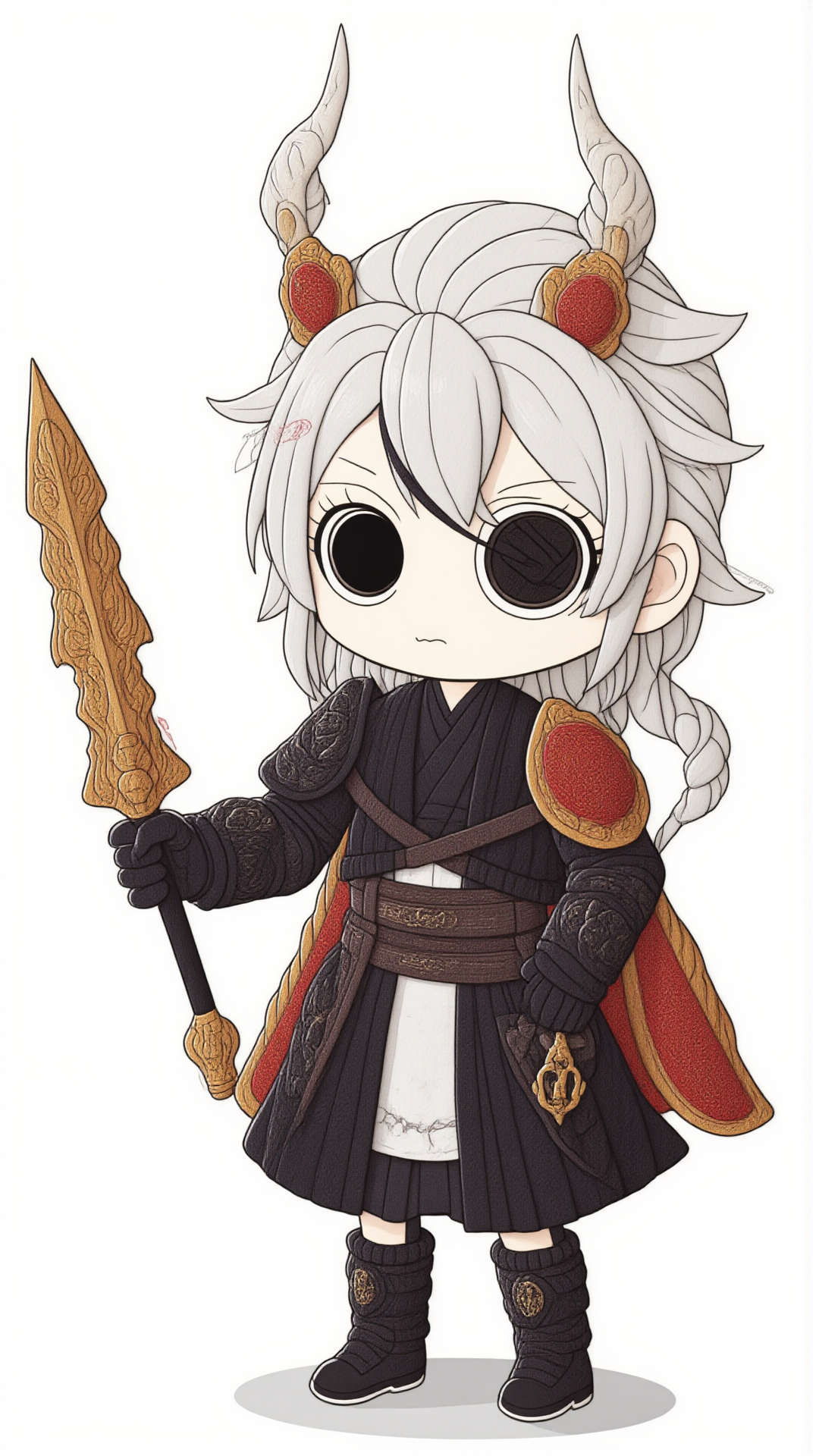 <lora:KawaiisStyle:1>kawaii style 1boy, male focus, solo, weapon, eyepatch, holding weapon, holding, armor, white hair, gloves, closed mouth, standing