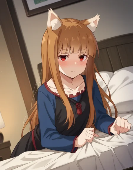 score_9, score_8_up, score_7_up, source_anime,
wolfholo, <lora:wolf-holo-alpha-ponyxl-lora-nochekaiser:1>
holo, red eyes, bangs, blunt bangs, sidelocks, animal ears, fox ears, brown hair, long hair,
dress, long sleeves, collarbone,
indoors, bed, bed room, on side, blush, drunk,
looking at viewer, cowboy shot, dutch angle,