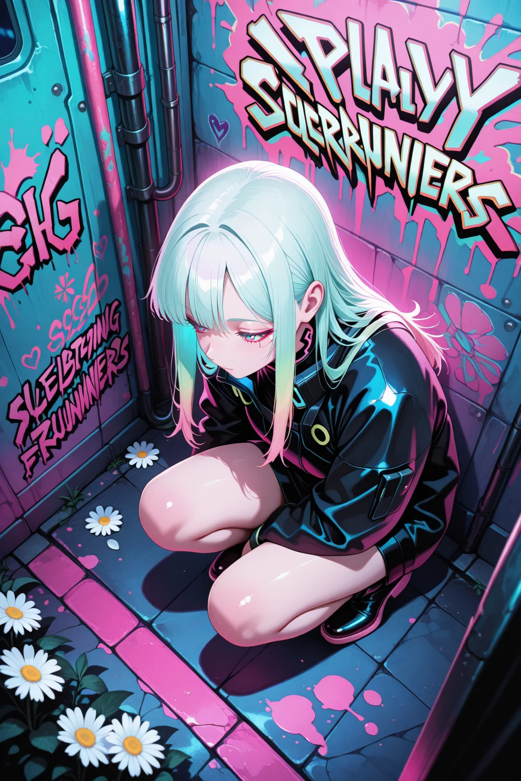 lazypos, no lineart, shiny highlights, high contrast, Retro Vaporwave Palette,
1girl, night,graffiti wall, a daisy, squatting, from above, cyberpunk edgerunners, pink light, <lora:super_secret_lora_not_released:5> <lora:TrendCraft_The_Peoples_Style_Detailer-v1.0A-3_13_2025-illustrious:0.2>
