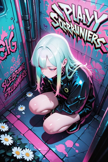 lazypos, no lineart, shiny highlights, high contrast, Retro Vaporwave Palette,
1girl, night,graffiti wall, a daisy, squatting, from above, cyberpunk edgerunners, pink light, <lora:super_secret_lora_not_released:5> <lora:TrendCraft_The_Peoples_Style_Detailer-v1.0A-3_13_2025-illustrious:0.2>