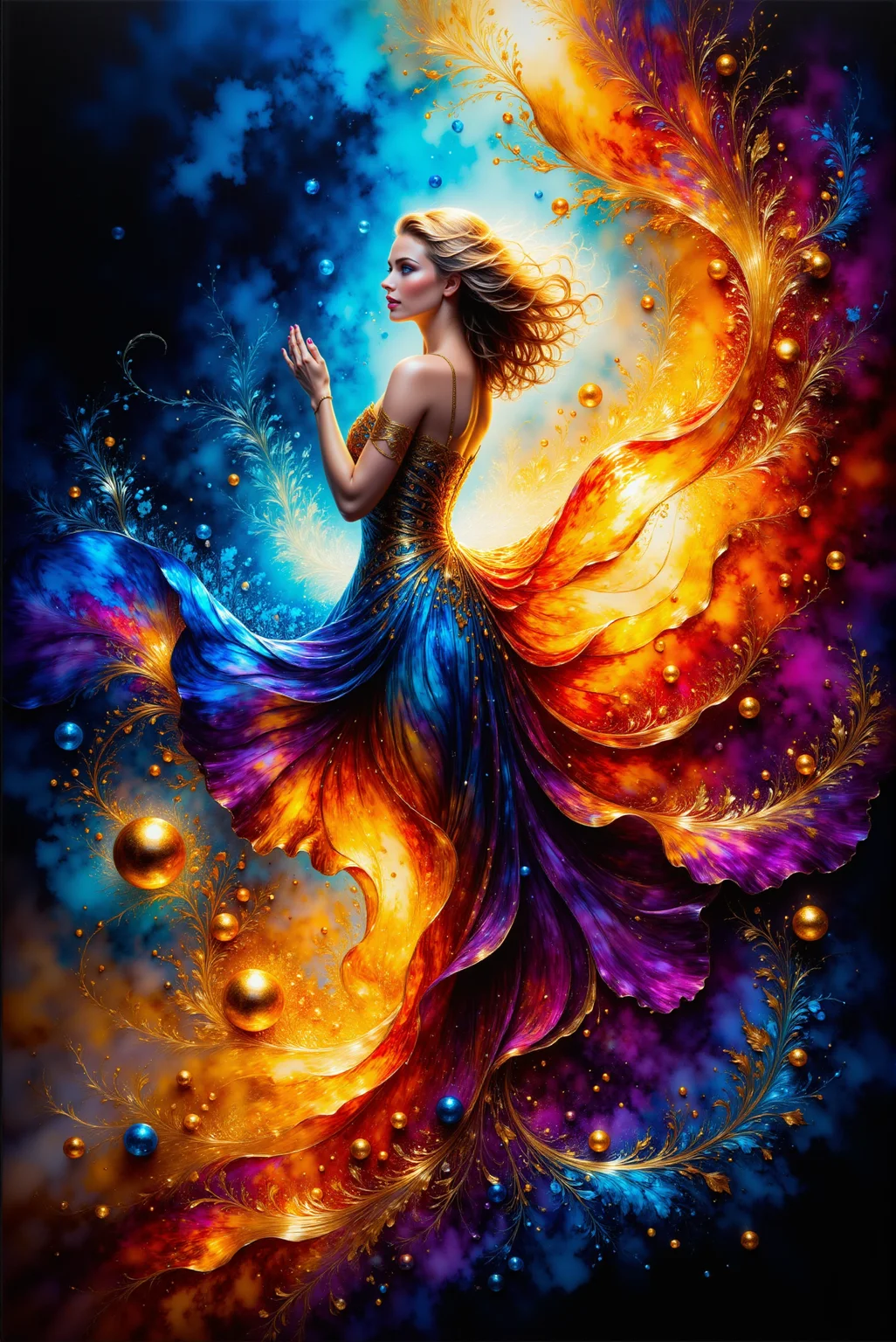 <lora:AISIL_style:1.2> AISIL style digital artwork with abstract intricate vibrant background.
This image features a central figure, a woman in a flowing, multicolored gown that transitions between deep purples, blues, and fiery oranges. Her hair is gently wavy, illuminated by glowing light from the vibrant cosmic surroundings. She appears to be in a seated or floating pose, interacting with the swirling energy around her.
The background depicts a celestial scene with dynamic streams of fiery orange, yellow, and cool blue nebulae swirling dramatically. Spherical orbs resembling stars or planets are scattered throughout, emitting golden and blue hues, adding depth and cosmic texture.
Fantasy surrealism with a cosmic and ethereal focus. Hyper-realistic details combined with painterly, fluid brushstrokes.
Intense, centralized light emanating from the swirling nebula. A warm, glowing backlight highlights the figure, contrasting with the cooler tones of the cosmos.
Bold and vivid, dominated by complementary fiery oranges and deep blues, with accents of purples and golden yellows.
Spiral-like movement with a balanced focus on the figure and the surrounding nebulae. Strong use of symmetry and flowing curves to direct attention to the central subject.
Celestial, otherworldly, and vibrant.
