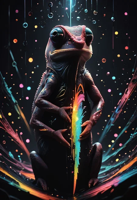 score_9, score_8_up, score_7_up, chameleon, lizard, feral, scales, realistic, abstract background, dark background, mad-neon-noir, noir, particles, colorful, zPDXL2