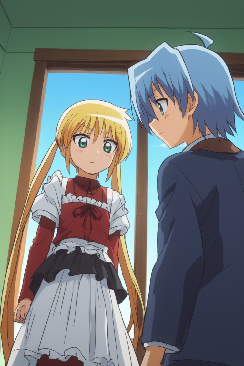 rating_safe, score_10, score_8_up, score_7_up, score_6_up, uncensored, anime screencap, flat shadows BREAK 1boy, 1girl, Nagi Sanzenin, hugs, perspective, perfect composition, dutch angle, Ayasaki hayate maid, otoko no ko, love symbol
