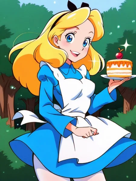 highres, hi res, best quality, masterpiece, intricate details, absurdres, 4k, (anime screencap:1.1),
1girl, holding a cake, forest with a magic castle behind, magic particles, cute pose, medium breasts, surprised, smile, looking at viewer, cute, detailed landscape, cowboy shot,
<lora:AliceinWonderlandXLIllustrous_character:1>, AliceWaifu, blonde hair, blue eyes, white apron, blue dress, puffy sleeves, white pantyhose,