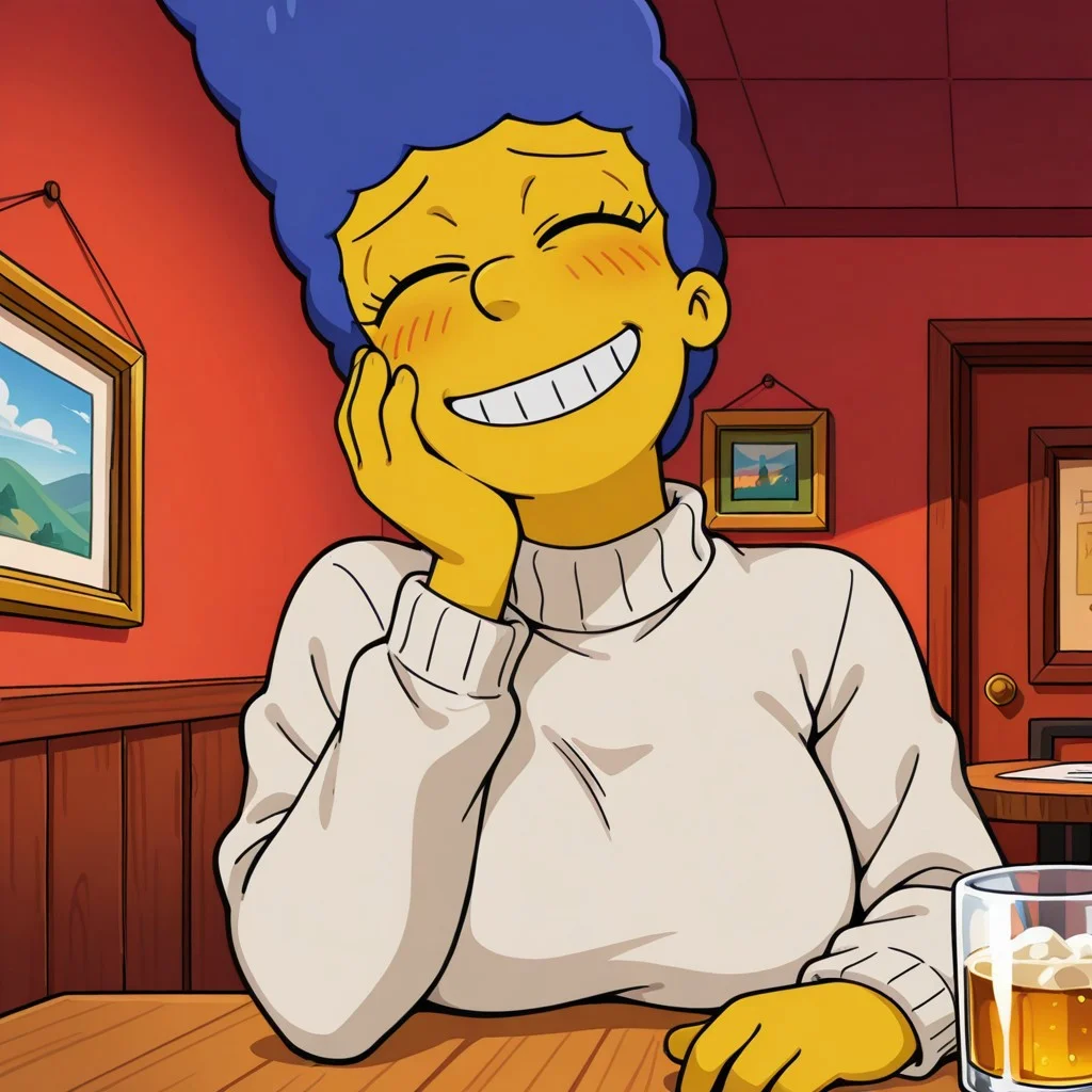 score_9,score_8_up,score_7_up,score_6_up,best quality,masterpiece, 1girl, solo, background is bar, indoors, pov, across table pov, table, upper body, alcohol,
BREAK
margesimpson, yellow skin, blue hair, closed eyes, big beehive hair, tan turtleneck sweater, large breasts, blush, grin, teeth, one hand on face,