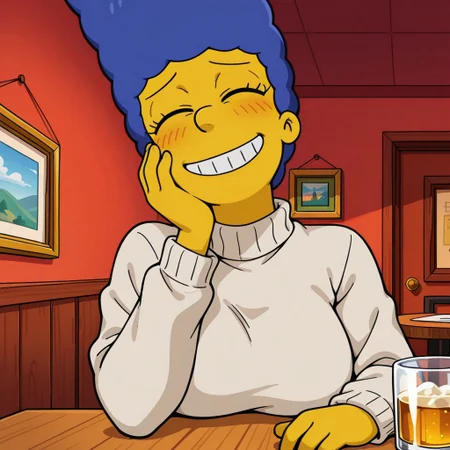 score_9,score_8_up,score_7_up,score_6_up,best quality,masterpiece, 1girl, solo, background is bar, indoors, pov, across table pov, table, upper body, alcohol,
BREAK
margesimpson, yellow skin, blue hair, closed eyes, big beehive hair, tan turtleneck sweater, large breasts, blush, grin, teeth, one hand on face,