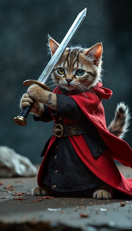 ((photo:1.2)), A cute cat battle mage, sword and shild with runes, dramatic lighting, dynamic pose, dynamic camera,masterpiece, best quality, dark shadows, ((dark fantasy)), detailed, realistic, 8k uhd, high quality