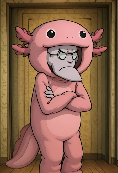 embedding:IllusP0s, axolotl costume, solo, 1boy, Eustace, Bagge, wearing an axolotl costume, grumpy expression, glasses, pointy chin, crossed arms,