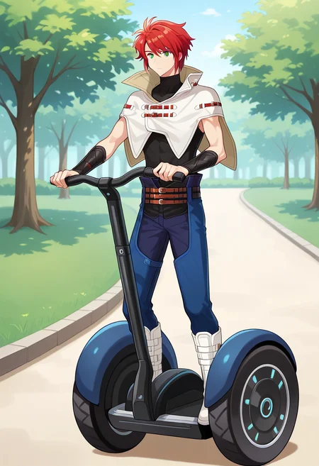 segw4y, riding segway, on segway, 1boy, solo, forukashura, red hair, short hair, green eyes, capelet, high collar, bracer, sleeveless shirt, sleeveless, turtleneck, belt, pants, blue chaps, white knee boots, full body, outdoors, park,