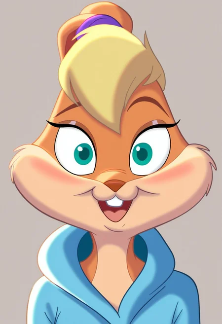 score_7_up, score_8_up, score_9, masterpiece,  high quality,
LolaBunnySJ2, furry, cartoon, anthro rabbit, looney tunes style, female, solo, 1girl, 
blond hair, beige body, green eyes, purple hairband,
light blue hoodie,
smiling, looking at viewer, wide eyes, mouth open,
headshot, head view, facing left,