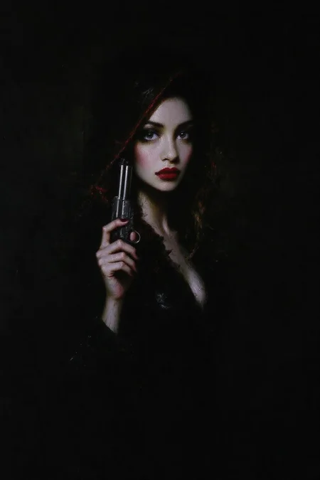 talo1 painting. a mysterious woman with dark, wavy hair and piercing eyes stands in the shadows of a dimly lit room. She is holding a small revolver with a delicate yet firm grip. Her red lipstick is the only color that stands out in the darkness, her intentions unclear but dangerous. <lora:talo1_cap_d6a3e15:1.0><lora:828728590180002980:0>