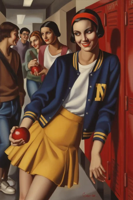 tamaradelempicka1 painting.
A full-body shot of a teenage girl styled as Snow White in a 1980s American high school hallway, she has porcelain-white skin and neat short black hair with a subtle wave, wearing a bright red headband, a navy blue varsity jacket with yellow stripes and a gold initial patch, a white T-shirt, and a high-waisted yellow pleated skirt, she is leaning slightly against a red metal locker while talking to a friend nearby, smiling softly with her gaze turned to the side, holding a red apple in one hand in a casual way, background includes other students chatting and walking through the hall.  <lora:tamaradelempicka1_cap_d8a4:1.0><lora:863955246206991052:0>