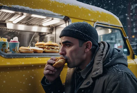 (medium full shot) of (medium shot ) of taxi driver eating at a food truck, detailed face, located in an urban scene at a crowded business district during evening with snowing weather, illuminated by natural daylight, creating a dynamic atmosphere, ,Masterpiece,best quality, raw photo, realistic, very aesthetic