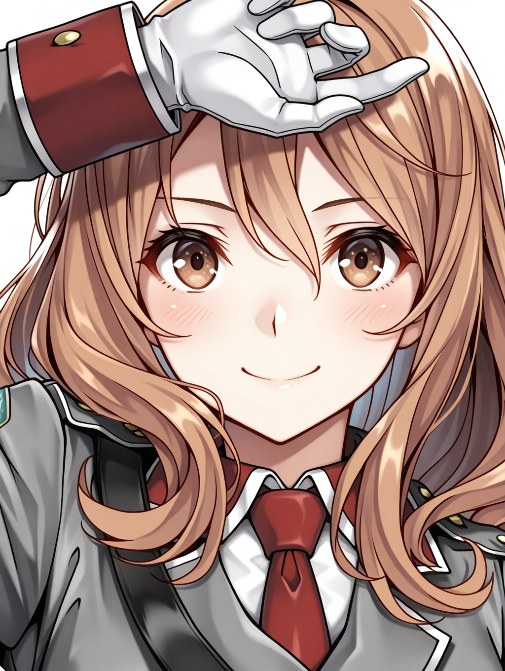 masterpiece,best quality,newest,
1girl,solo,
<lora:rail_clave_ilxl_v1.2:1>,rail_clave,brown hair,brown eyes,r_uniform,red necktie,ä¸ï·¿åå¸,military uniform,white gloves,<lora:Fixhands_anime_bdsqlsz_V1:1>,cinematic_angle,dynamic_angle,white_background,simple_background,face_focus,looking_at_viewer,light_blush,smile,upper_body,hand_in_hair,profile,from_above,from_side,