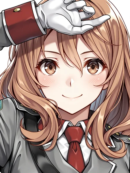 masterpiece,best quality,newest,
1girl,solo,
<lora:rail_clave_ilxl_v1.2:1>,rail_clave,brown hair,brown eyes,r_uniform,red necktie,ä¸ï·¿åå¸,military uniform,white gloves,<lora:Fixhands_anime_bdsqlsz_V1:1>,cinematic_angle,dynamic_angle,white_background,simple_background,face_focus,looking_at_viewer,light_blush,smile,upper_body,hand_in_hair,profile,from_above,from_side,