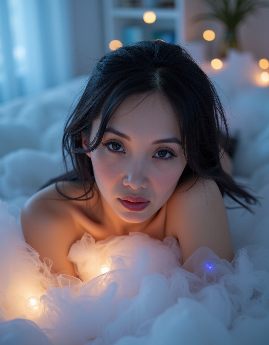 A woman lies on a cloud-soft bed in a room filled with iridescent mist. Her face is illuminated by a soft, ethereal glow emanating from her skin, as if she's radiating an otherworldly light. The camera captures her from directly above, emphasizing her serene expression. Double exposure of delicate, swirling patterns in the mist creates a sense of depth and mystery.
Room details: Cloud-soft bed, iridescent mist, glowing orbs suspended from the ceiling