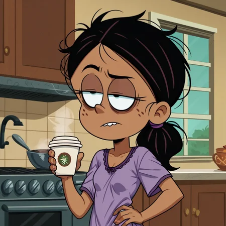 score_9, score_8_up, score_7_up, score_6_up, 1girl,solo,best quality,4k,
dark tan skin, black hair, hair down, messy hair, freckles on her cheeks, two buck teeth,show accurate, perfect anatomy, four fingers,
indoors, kitchen background, show accurate, perfect anatomy, perfect hands, wear only purple nightgown, loose clothes, one hand holding cup of coffee, one hand on hip, perfect hands, bags under eyes, sleepy eyes, loose clothes, eyes half close, small breast,