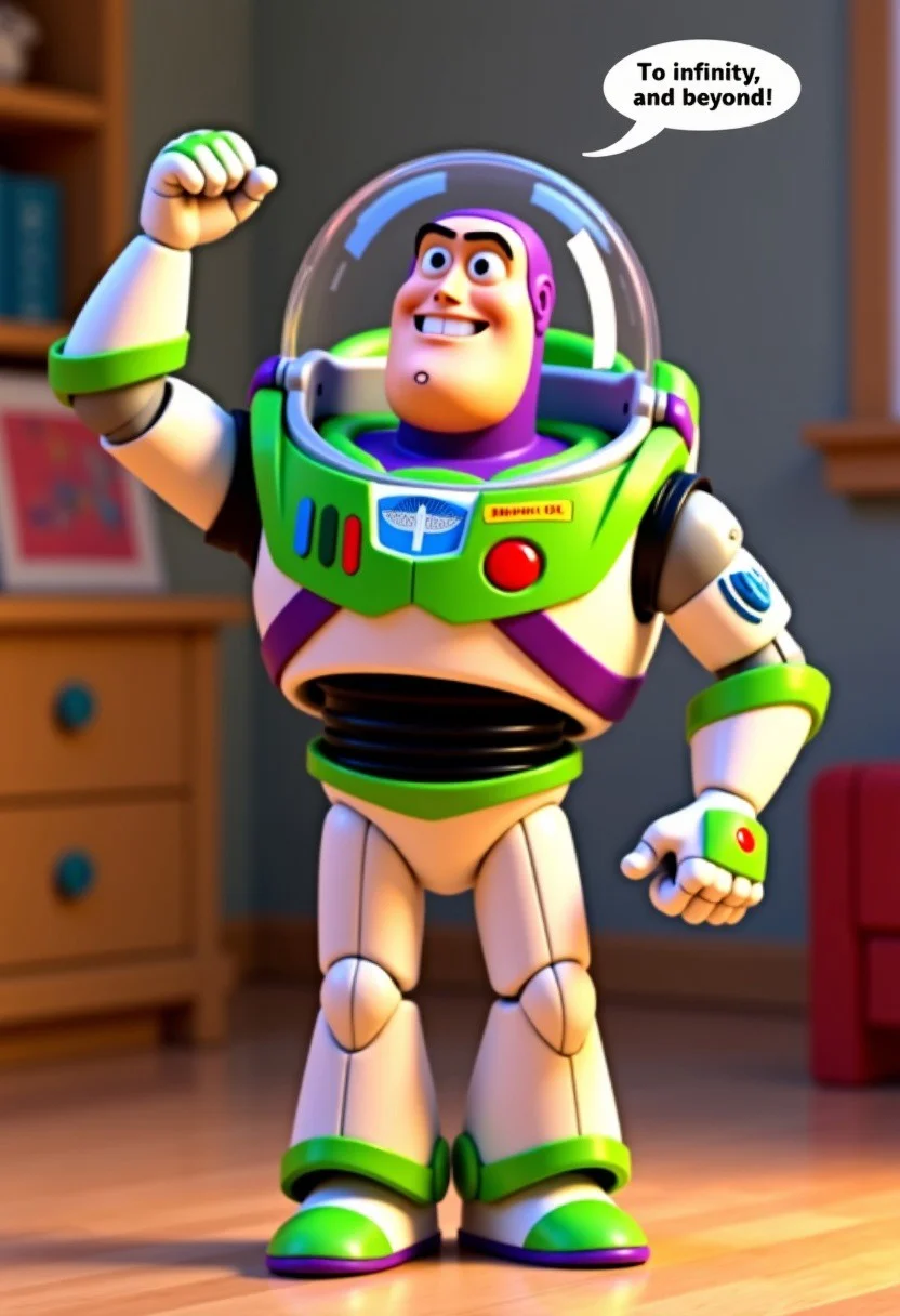 A full-body shot of Buzz Lightyear wearing his spacesuit with helmet. A text bubble from Buzz says, "To infinity, and beyond!". He looks determined and ready for action with one fist raised in the air. He's in a child's room. 3D, realistic animation, still from a Pixar movie.