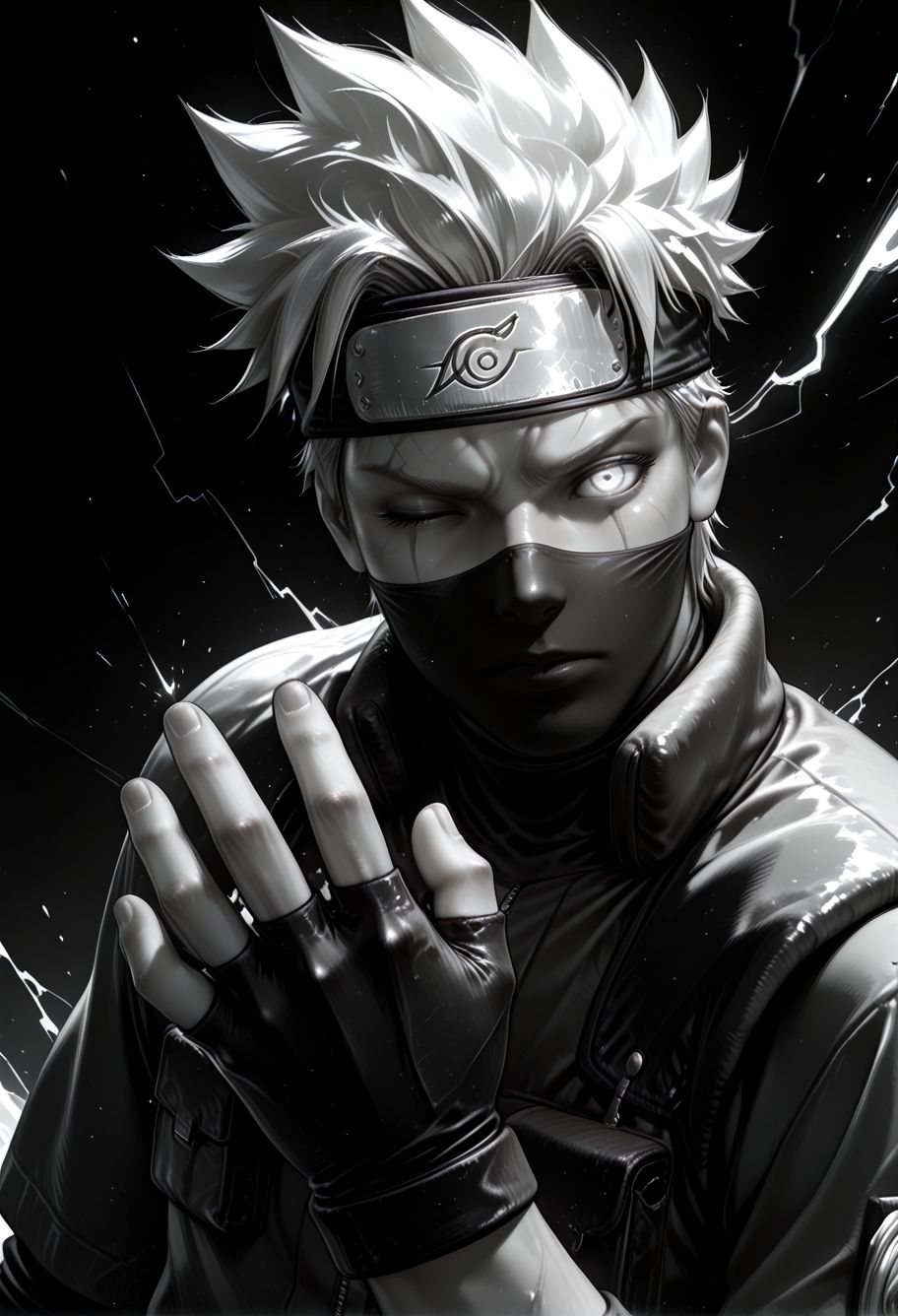 SmoothNoob_Quality, (greyscale:1.5), 1boy, hatake kakashi, naruto shippuuden, portrait, upper body,   fingerless gloves, medium spiked hair, forehead protector, one eye closed, glowing eyes, mouth mask, scar across eye, open hand, claw hand, (thunder sparks:1.1), spot color, black and white, dynamic angle, (black background),<lora:Mature_Comics_Style_-_NoobAI:1>,​​​
