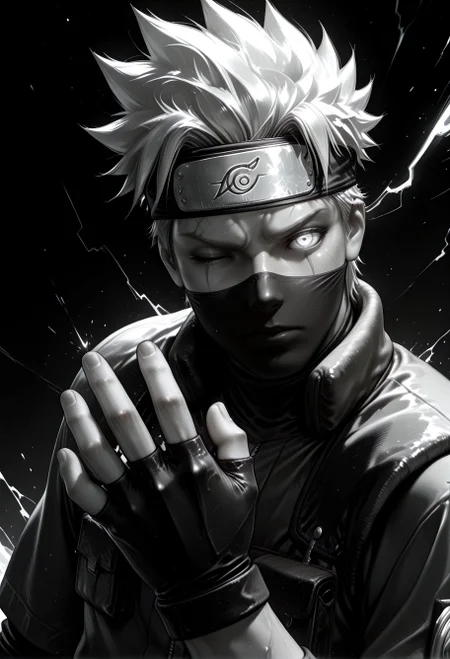 SmoothNoob_Quality, (greyscale:1.5), 1boy, hatake kakashi, naruto shippuuden, portrait, upper body, fingerless gloves, medium spiked hair, forehead protector, one eye closed, glowing eyes, mouth mask, scar across eye, open hand, claw hand, (thunder sparks:1.1), spot color, black and white, dynamic angle, (black background),<lora:Mature_Comics_Style_-_NoobAI:1>,
