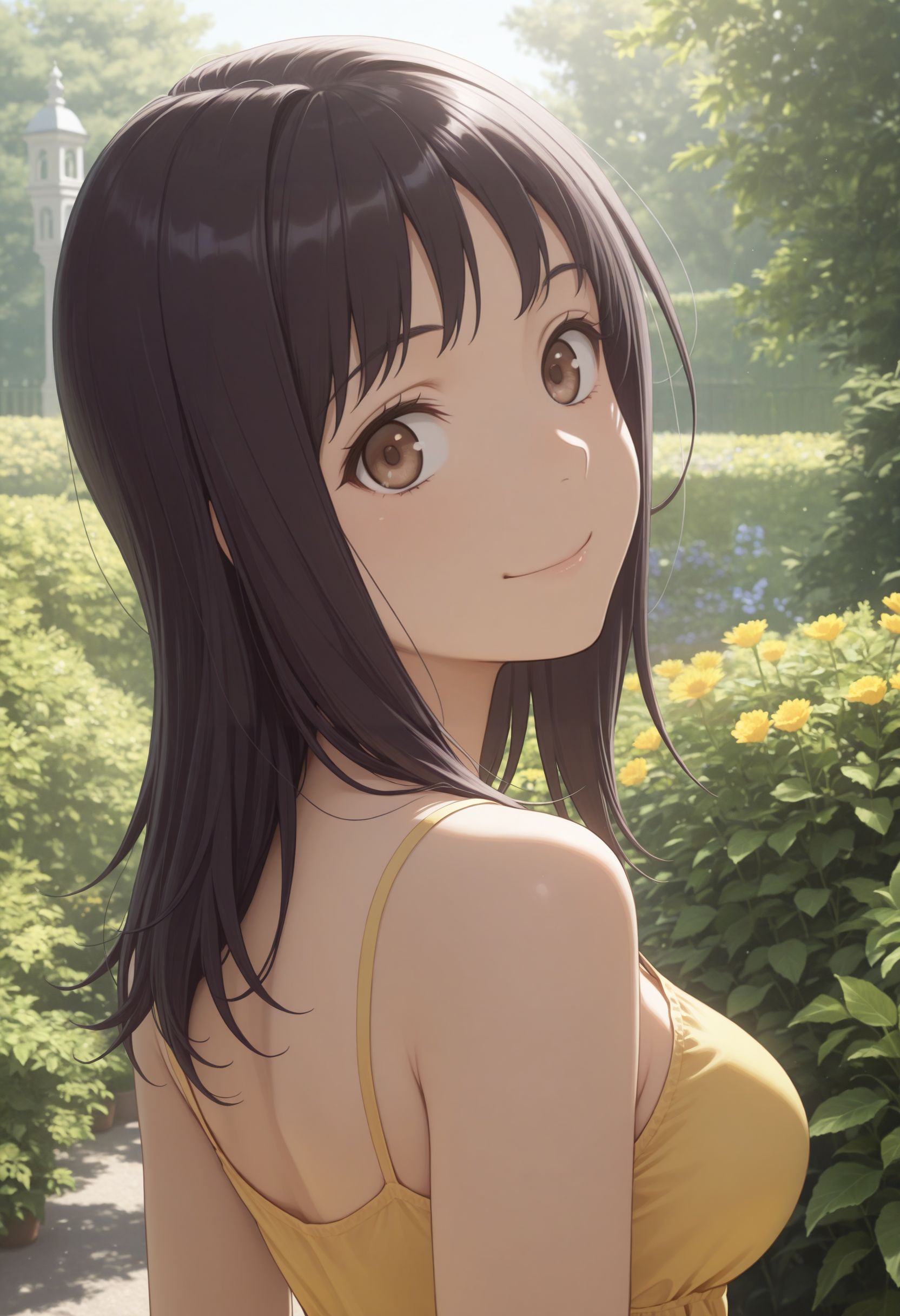 masterpiece,best quality,absurdres,highres,very aesthetic,high quality,detailed,insanely detailed,beautiful,perfect lighting, looking at viewer,
 <lora:Itsuwa illu:1> 1girl, brown eyes, black hair, medium breasts, long hair, upper body, smile, 
from behind, (yellow sundress), garden, day, sunshine, smile, looking back,