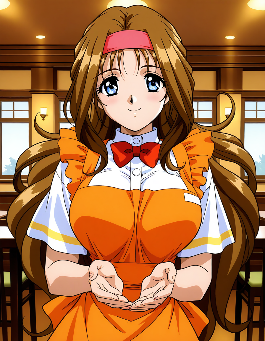 general,highres, ultra-detailed,very aesthetic,best quality ,best hands,  BREAK <lora:Kokubo_Reika_OVA_IS:1>
Kokubo_Reika_OVA, brown hair, long hair, blue eyes, large breasts, 1girl, solo, hairband, waitress, bow, smile, orange apron, BREAK,
 restaurant, room, happy,