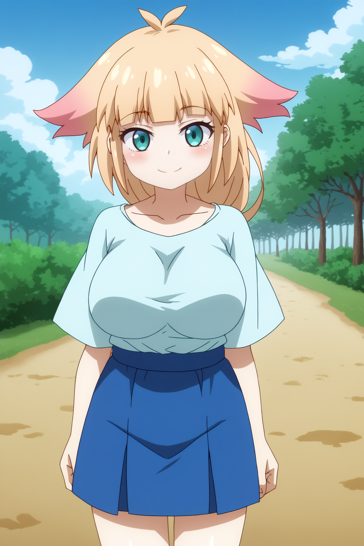 Demia, solo, smile, anime coloring,  rating_safe, outdoors, looking_at_viewer <lora:Ishuzoku_Reviewers-Demia-PDXL:0.8>