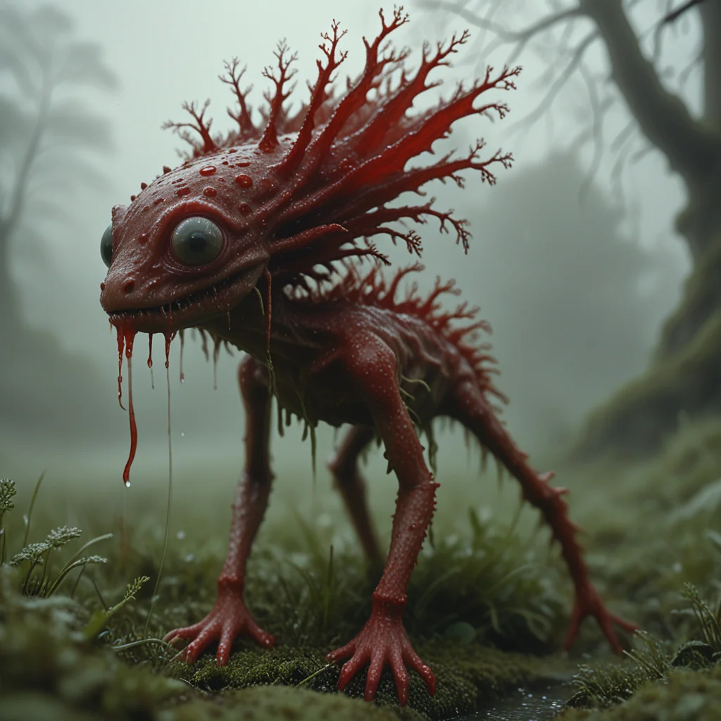 red PXDlichenmutant, wet, scary, hiding in grass, amazing nature, natural lighting, big leaf, analog photo, detailed 4k, gothic creature, moss, stream, water, intricate image details, dripping water, haze, fog, low angle, white eyes,