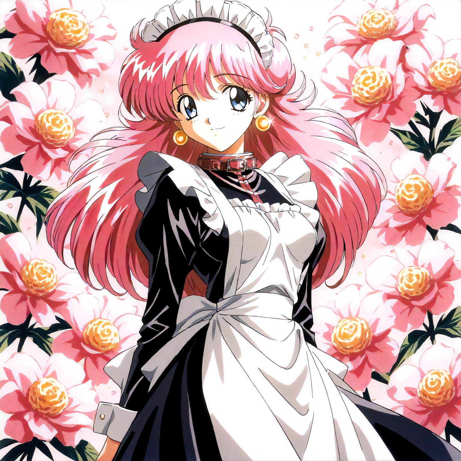 <lora:RC_sill_plainXLanimagine001>,
masterpiece,high score,great score,absurdres,
flower background,glitter,
smile,
looking at viewer,
solo,
anime coloring,retro artstyle,1990s (style),
sill_plain\(rance_series\),1girl,pink hair,long hair,blue eyes,earrings,
cowboy shot,standing,
maid,black shirt,black skirt,