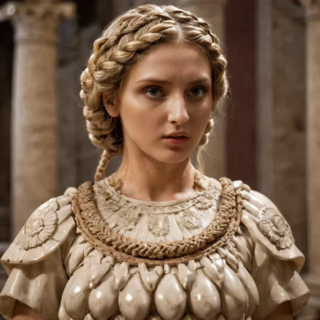 Beautiful woman, braided hair, sanity, fertility blouse,resembling arthemis of Ephsesus statue inside a roman temple, ,masterpiece, 8k, award winning, high quality, best quality, cinematic, extremely detailed, intense lighting, epic, extremely detailed <lora:Artemis_Ephesus:0.8>realistic photo, masterpiece, movie scene, white fertility blouse, beautiful eyes