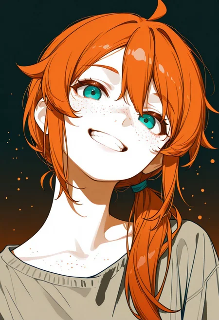 masterpiece, best quality, amazing quality, very aesthetic, absurdres, newest, cvle01, 1girl, solo, (minimalism:1.2), flat-colors, flat-shading, monochrome, (spot-color), Kirino Kousaka, Kirnino, aqua-eyes, orange-hair, side-ponytail, freckles, smile, grin, head-tilt, clothed, portrait, facing-viewer, abstract-background, two-tone-background, gradient-background, detailed hair, volumetric lighting, realistic-lighting,