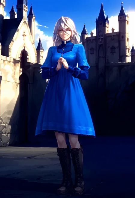score9_up,score8_up,score7_up,perfect face,1girl, solo, boots, long hair, knee boots, blue dress, cross-laced footwear, necklace, smile,praying,jewelry, standing, looking at viewer, calista,outside,castle, sun,sky,Expressiveh