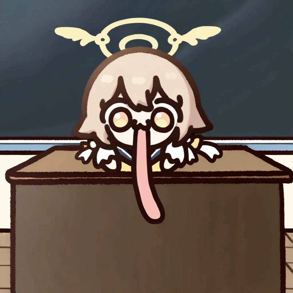 1girl, hifumi \(blue archive\), chibi, very long tongue, solo, parody, from front, upper body, classroom background, blackboard, desk, best quality, amazing quality, best finished, <lora:gwezuna:1>