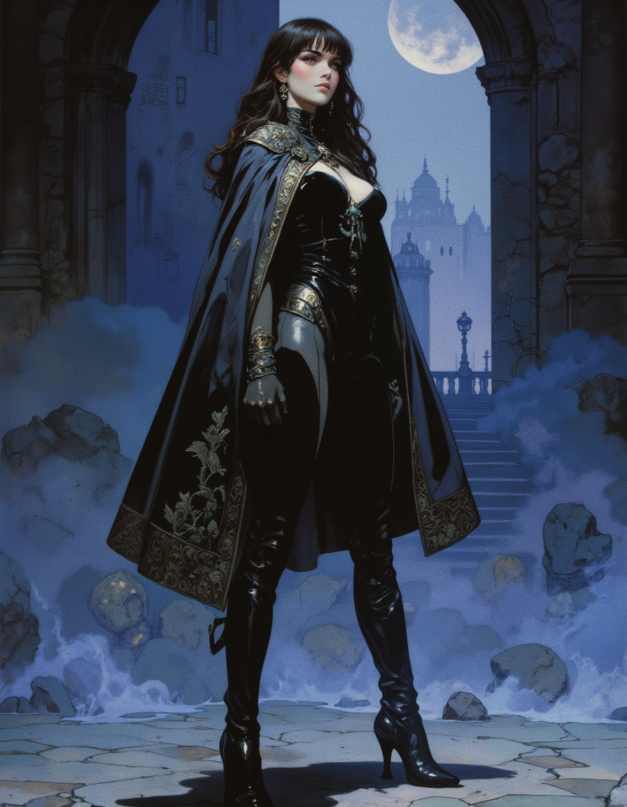  very aesthetic, realistic,

in the style of cksc, 

dark fantasy aesthetic. , digital artwork of a futuristic, natural colors, , epic.  luminescence, ultra realistic, hyper detailed, soft lighting , (Frank Frazetta), epic scale.
(detailed digital painting, detailed oil painting).

modest, beatiful, masterpiece, super detailed, breath taking, best quality, portrait shot. A dark courtyard. Argentine tango. There is a woman standing. (Tall woman, tight-fitting graphite velvet suit, wide hips, fully clothed, long sleeves, feminine hourglass figure. brown long hair, realistic skin, high-fitting boots from Cordoba, brocade cape). Dynamic, effective pose, looks at us with a sly look. The background is gradient dark fog, smoke. Emotional photo, dynamic pose., . (Depth of field).aidmaimageupgrader. masterpiece, best quality, , medium-format camera, high-contrast, dramatic lighting, striking composition, The overall composition feels cinematic. detail. mythp0rt, .

  
The background is minimalist, a gradient of shadowy blue tones, amplifying the ethereal and futuristic ambiance of the scene.
The overall composition feels cinematic. ,.
 
masterpiece, best quality, (depth of field),   high-contrast, dramatic lighting, striking composition,  CPA


(depth of field)
mythp0rt,
nigiex.  

 ,. masterpiece, ,, . .
  
  