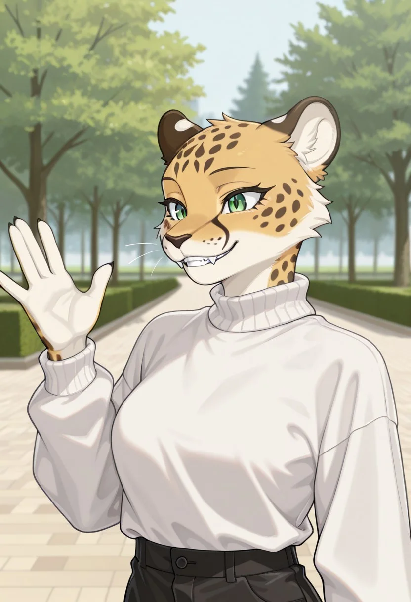 score_9, score_8_up, score_7_up, score_6_up, score_5_up, score_4_up, male, 2d, flat_colors, upper_body, portrait, female, furry, feline, cheetah, rounded ears, green eyes, female, solo, standing, white sweater, black trousers, tucked in top, brown fur, two-toned fur, grin, happy, park, trees, fangs, wave, waving gesture, solo, detailed_fur, body_fur, B2B style, Bad2Bad style, masterpiece, best quality, amazing quality, very aesthetic, high resolution, ultra-detailed, absurdres, newest, scenery