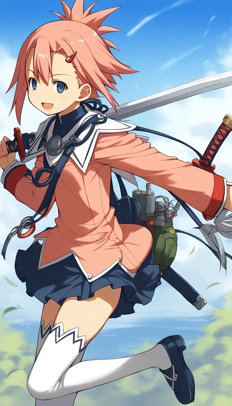score_9, score_8_up, score_7_up, source_anime, rating_explicit, BREAK <lora:Aera_Colthearts_XL:1> Aera_Colthearts, blue eyes, hair ornament, pink hair, hairclip, short hair,
1girl, solo, thighhighs, weapon, sword, white thighhighs, zettai ryouiki, skirt, explosive, pink long sleeves, dark blue skirt,
smile, open mouth,
blue sky, outdoor,