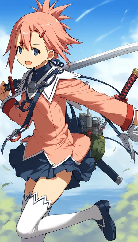 score_9, score_8_up, score_7_up, source_anime, rating_explicit, BREAK <lora:Aera_Colthearts_XL:1> Aera_Colthearts, blue eyes, hair ornament, pink hair, hairclip, short hair,
1girl, solo, thighhighs, weapon, sword, white thighhighs, zettai ryouiki, skirt, explosive, pink long sleeves, dark blue skirt,
smile, open mouth,
blue sky, outdoor,