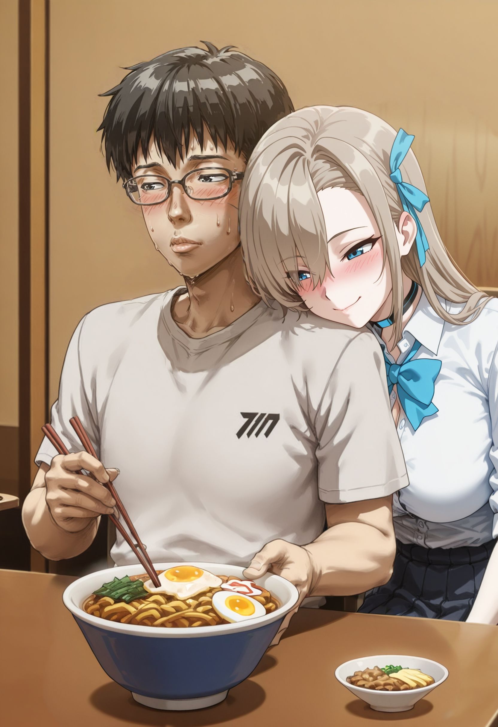 anime, anime coloring, 
asuna \(blue archive\), school uniform, blue ribbon, blue bow,  blush, 
leaning on person,
bowl, chopsticks, food, gyuudon, cheese, restaurant, sitting, table, hardboiled egg, egg,