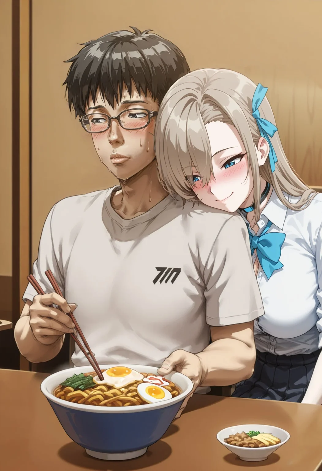 anime, anime coloring,
asuna \(blue archive\), school uniform, blue ribbon, blue bow, blush,
leaning on person,
bowl, chopsticks, food, gyuudon, cheese, restaurant, sitting, table, hardboiled egg, egg,
