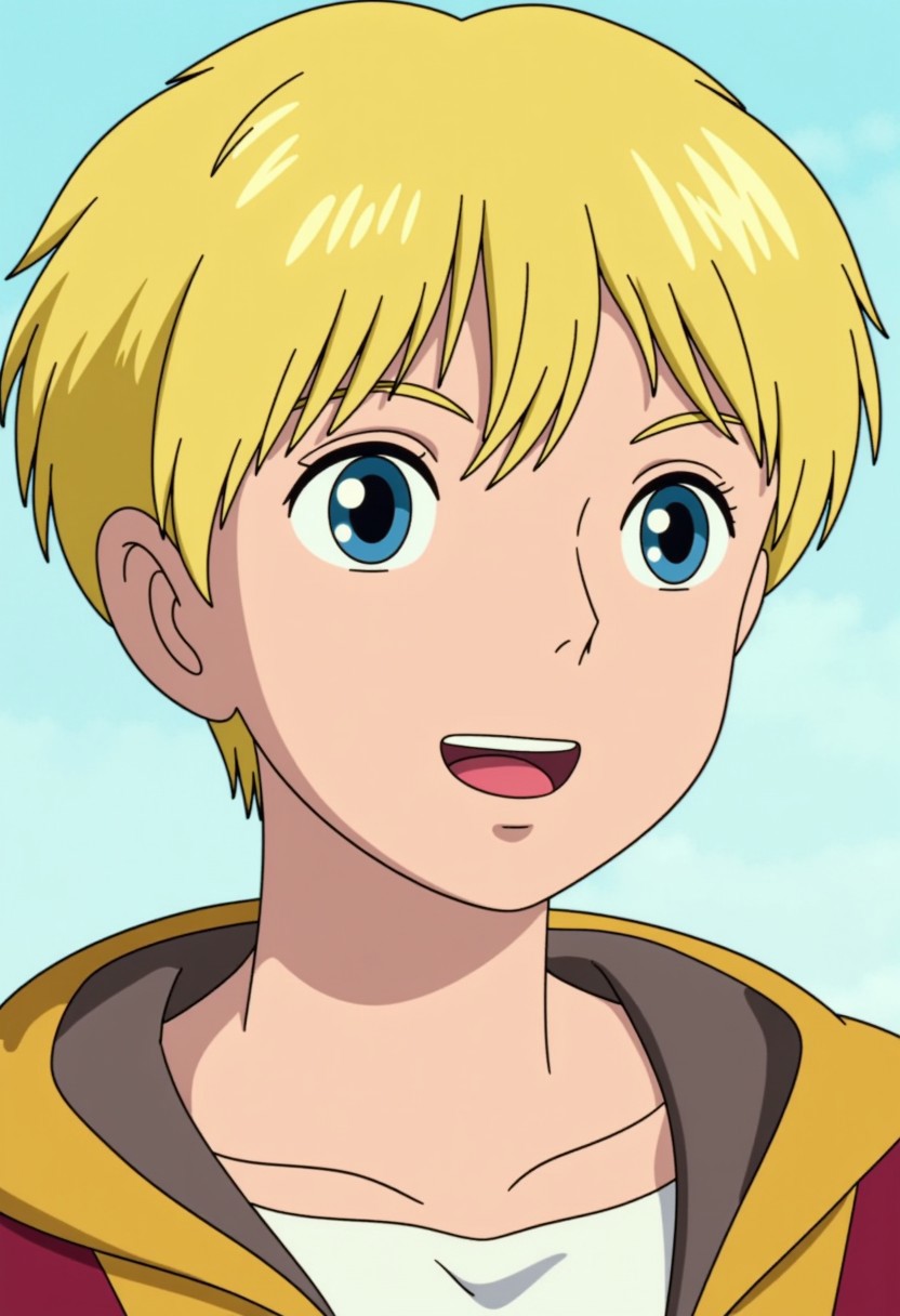 Ghiblistyle, solo, smile, open mouth, blue eyes, blonde hair, 1boy, hair between eyes, male focus, parody, fake screenshot, anime coloring