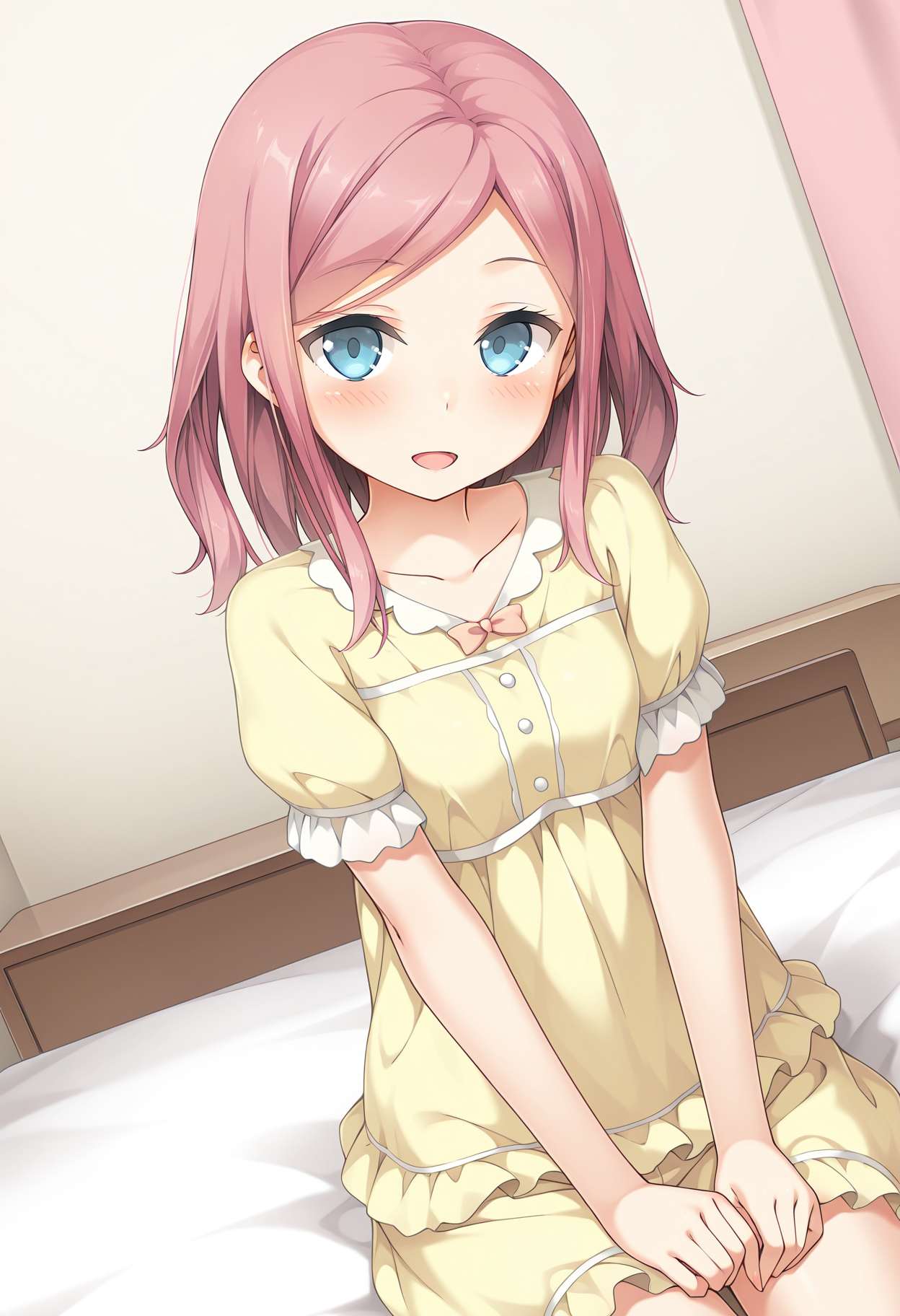 highres, best quality, masterpiece, indoors,
1girl, solo, kkanommk, pink hair, blue eyes,
yellow pajamas, puffy sleeves, yellow dress,
looking at viewer, blush, smile, open mouth, 
sitting, dutch angle, bedroom,
<lora:_momoka_koikano-elesico-ilxl:1>