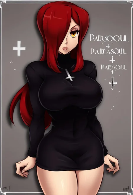 1 girl, alone, yellow eyes, red hair, long hair, hair over one eye, cross, breasts, dress, sweater, inverted cross, sweater dress, big breasts, character name, cross necklace, big breasts, black sweater, short dress, lips, parasoul skullgirls
