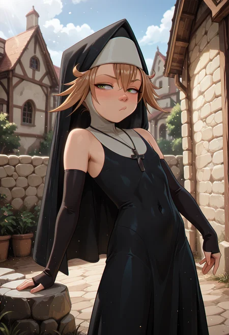 masterpiece, best quality, 32k, high resolution, absurdres 
1girl, solo, toddy, brown hair, green eyes
habit, nun , nun dress, elbow gloves, cross necklace,
dynamic pose, standing behind stone wall, blushing, teasing,
outdoors, stone wall, countryside, small village church in the background, day, cloudy day
light particles, dynamic angle,  cinematic angle, various angles, detailed background, beautiful background, (rays light:1.0),(grow:1.0) vivid colors, shiny and glossy, anime style, high-res, beautiful aesthetic, very intricate, high-quality details, vibrant, 
<lora:add-detail-xl:1.10> <lora:spo_sdxl_10ep_4k-data_lora_webui:0.95> <lora:noobai_ep11_stabilizer_v0.138_fp16:0.6> <lora:StS-Illustrious-Detail-Slider-v1.0:1.10> <lora:cfg_scale_boost:0.95> <lora:nyalia:0.20>   <lora:theodosia_illustrious:0.8>